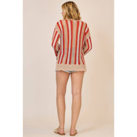 Sunset Stripe Open Knit Sweater: Taupe/ Tomato