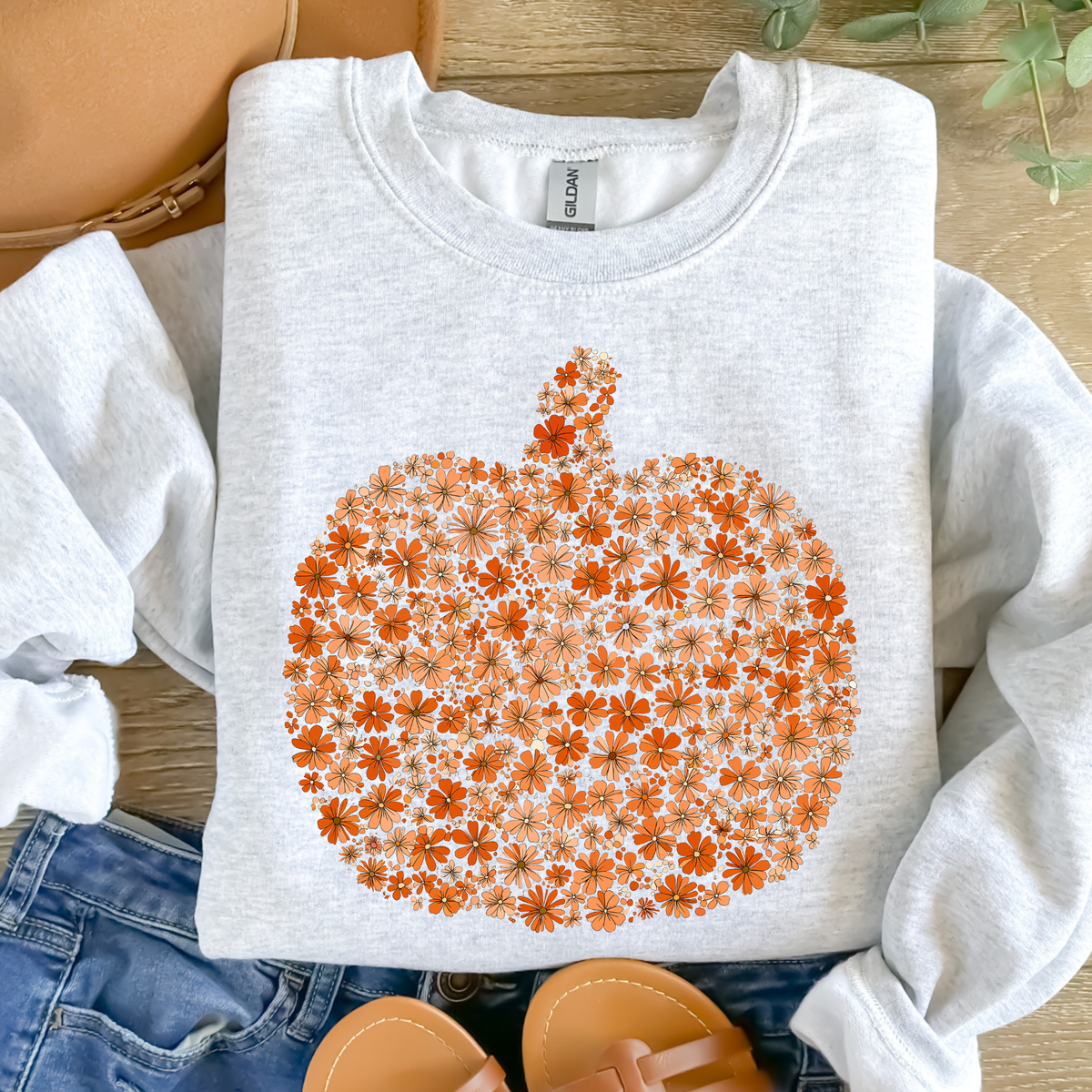 Floral Pumpkin Graphic Crewneck Sweatshirt: Heather Grey