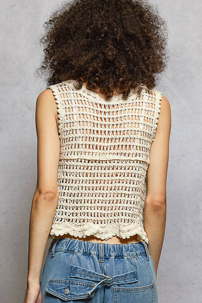 Daisy Floral Crochet Sleeveless Tank: Natural/Camel