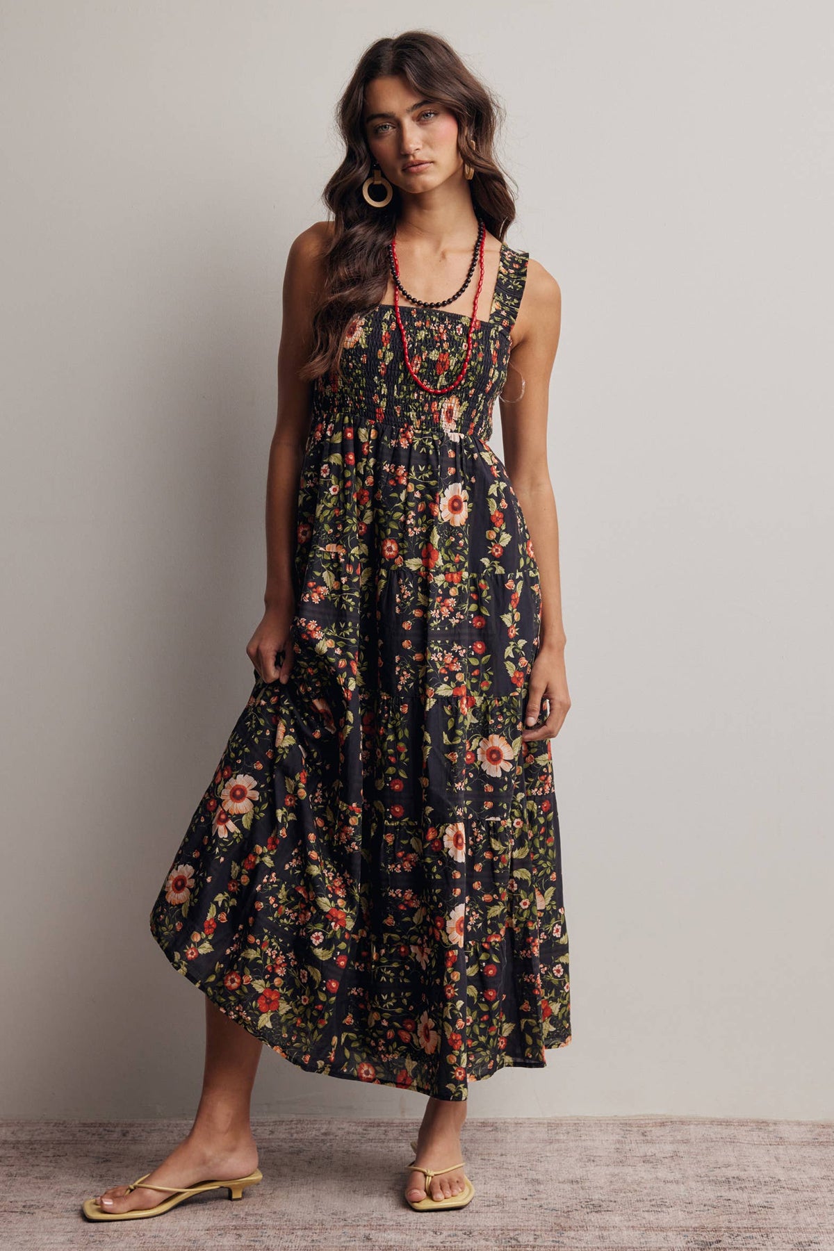 The Meadow Breeze Smocked Midi Dress: Black – Cotton Tiered Boho Dress with Pockets