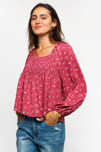Maisie Smocked Babydoll Floral Blouse – Long Sleeve Raglan Bubble Top