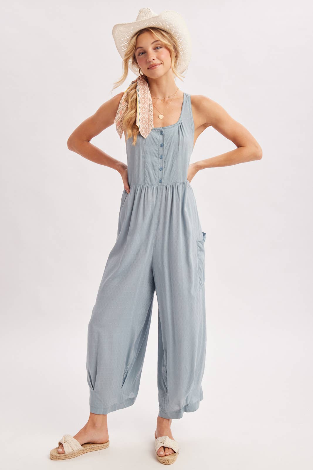 Easy Breeze Button Front Jumpsuit: Coastal Blue