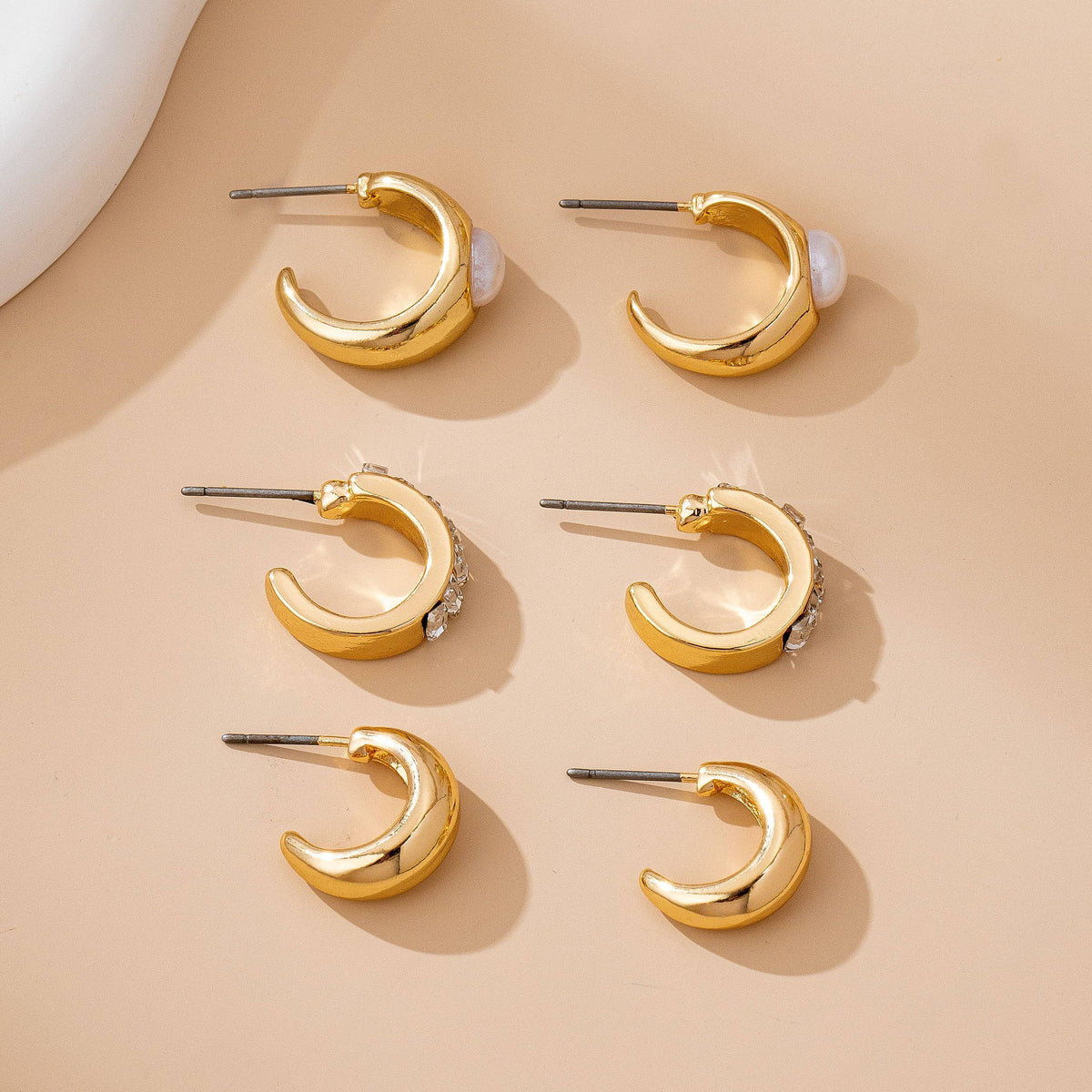 Gold Mini Huggie Hoop Earring Trio – Dome, Baguette Rhinestone & Pearl Set