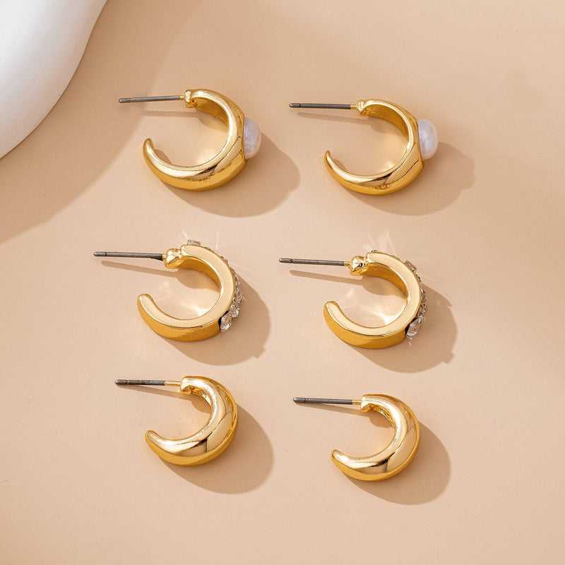 Gold Mini Huggie Hoop Earring Trio – Dome, Baguette Rhinestone & Pearl Set