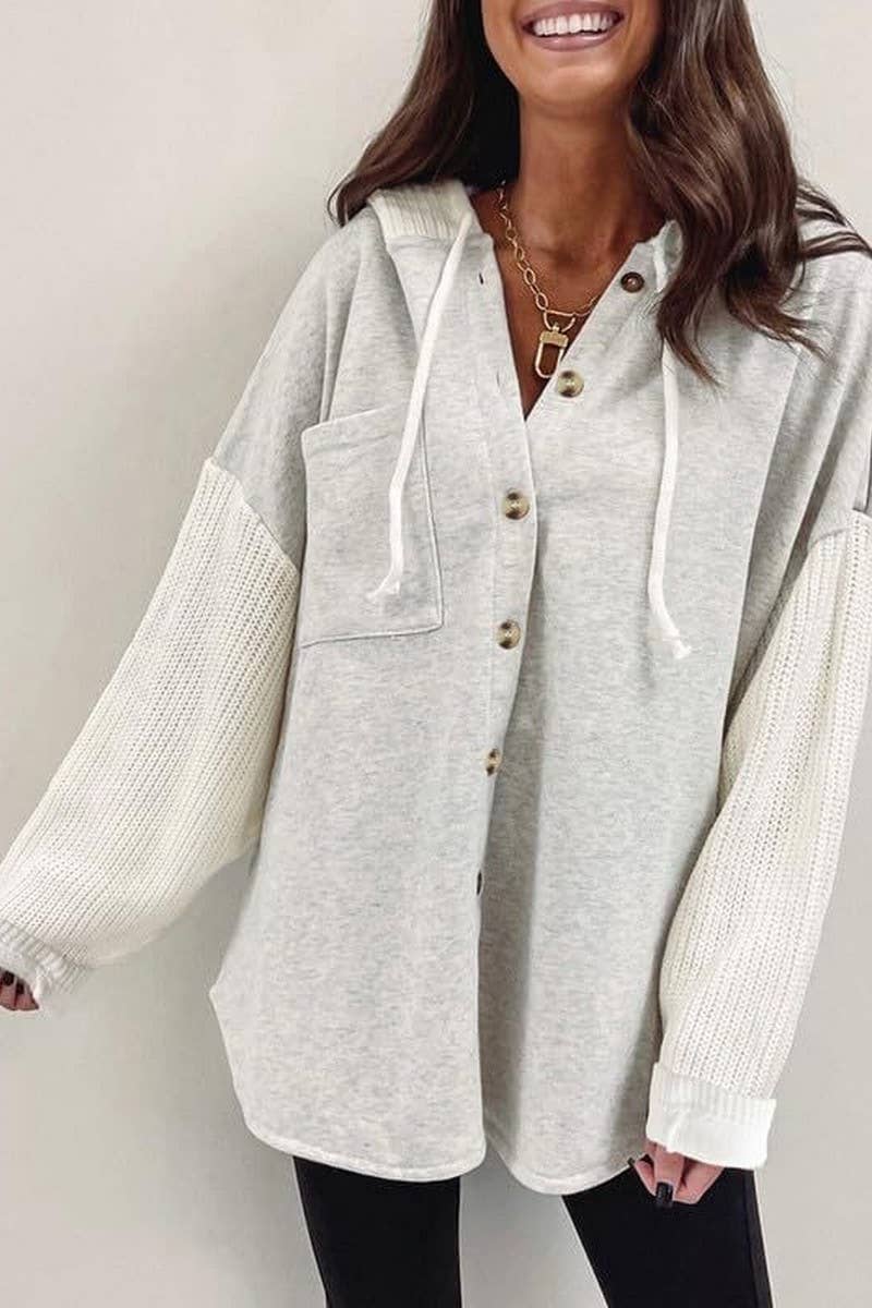 The Lennon Knit Sleeve Hooded Button-Up – Heather Gray