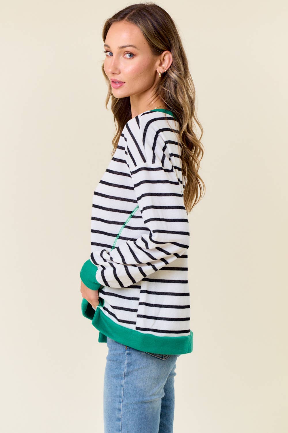 Lydia Stripe Comfy Sweatshirt: White/ Kelly Green