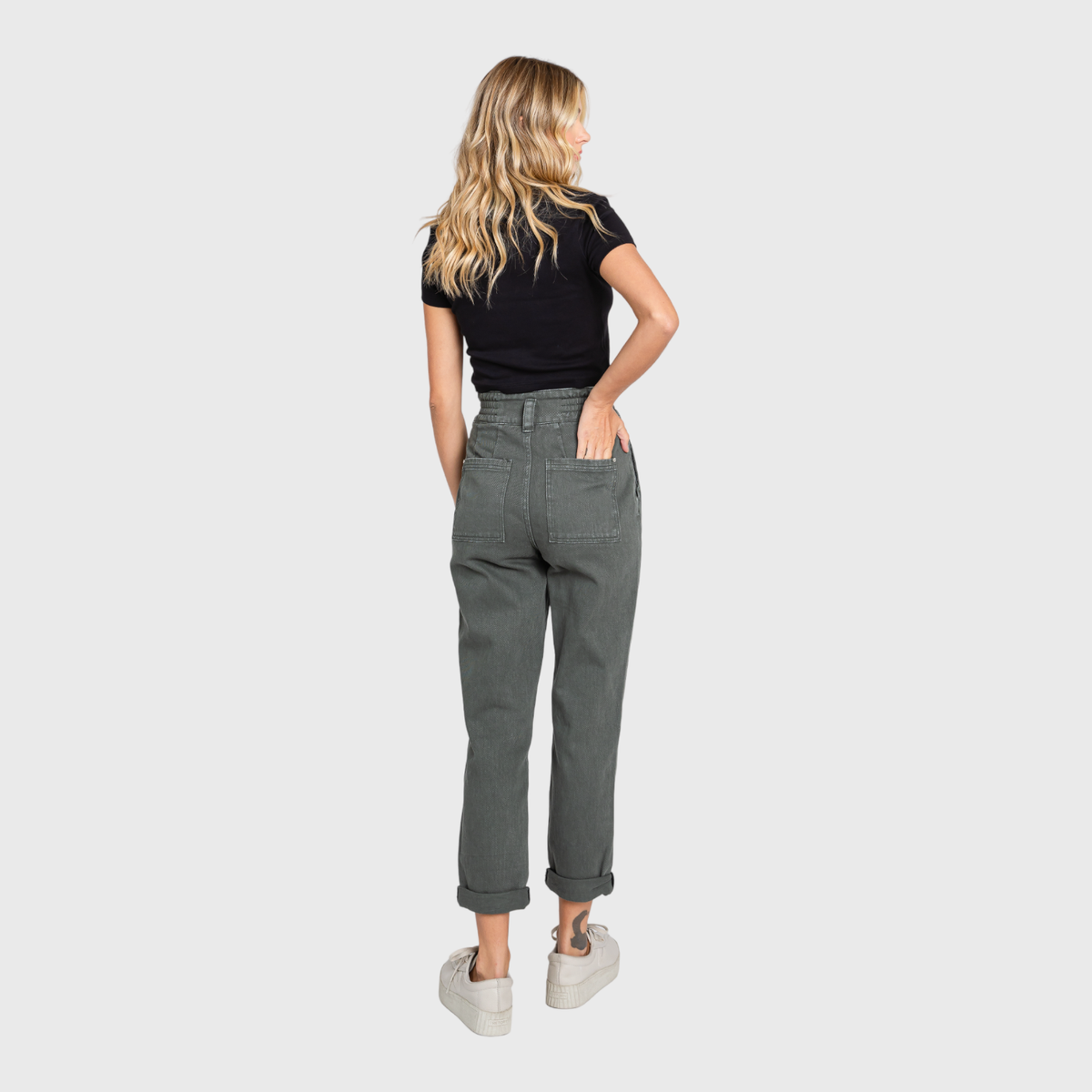 Millie Paperbag Waist Mom Jeans – High Rise Cuffed Denim in Washed Olive