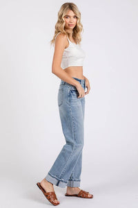 Sawyer Low Rise Baggy Straight Jeans – Light Wash Cuffed Denim with Soft Stretch