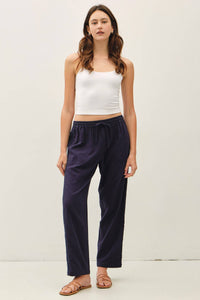 The Marielle Crochet Trim Linen Pants: Dark Indigo