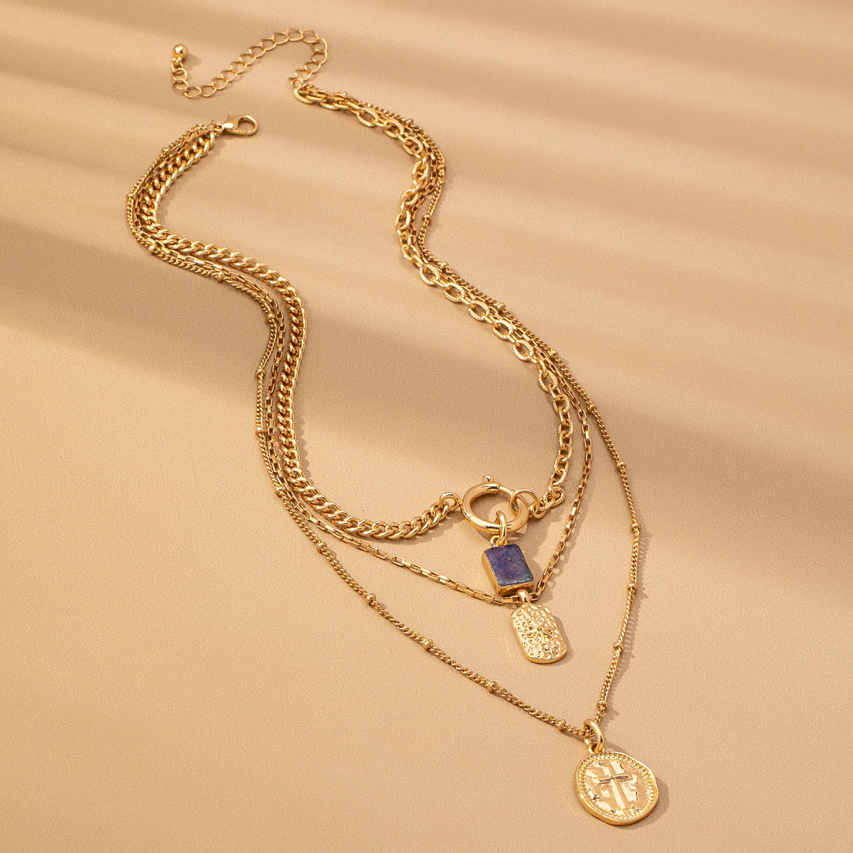 Gold Multi Layer Celestial Cross Necklace – Blue Geometric Stone Charm Necklace