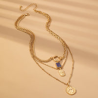 Gold Multi Layer Celestial Cross Necklace – Blue Geometric Stone Charm Necklace