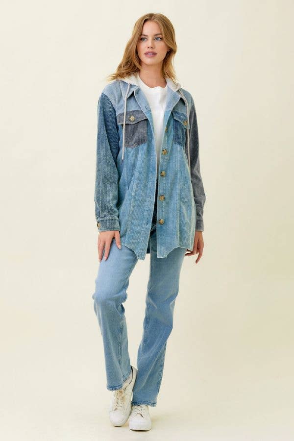 Sadie Color Block Corduroy Hoodie Shacket – Washed Button Down Hi-Low Hem