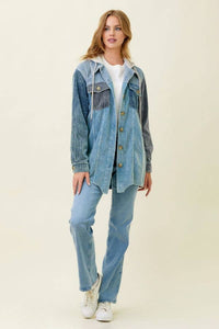 Sadie Color Block Corduroy Hoodie Shacket – Washed Button Down Hi-Low Hem