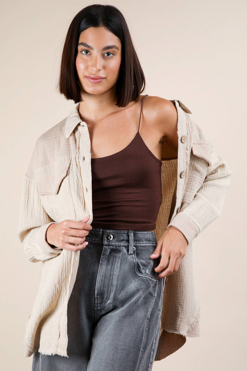 Harbor Breeze Mineral Washed Gauze Shacket – Mixed Fabric, Raw Edge Detai