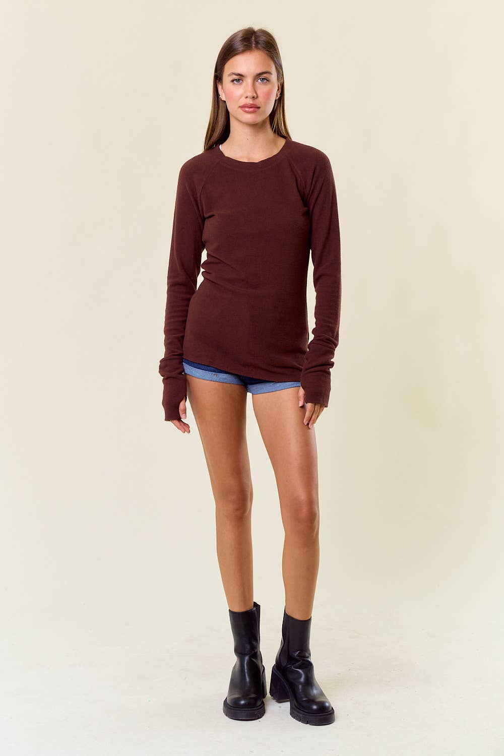 Softest Ever Knit Round Neck Long Sleeve Top: Chocolate