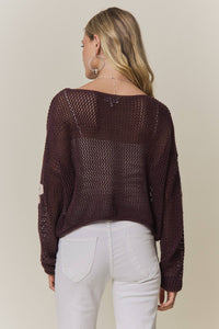 Lila Floral Open Knit Sweater: Blackberry