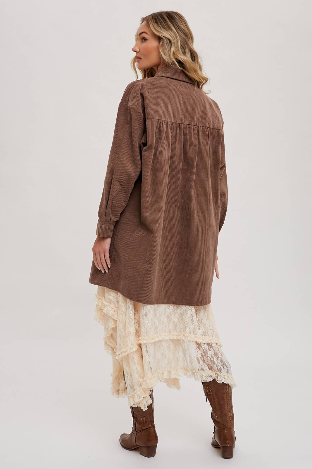 Clara Oversized Corduroy Jacket – Mocha Button-Down Shacket with Pockets