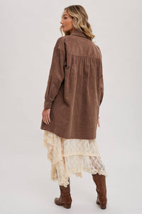 Clara Oversized Corduroy Jacket – Mocha Button-Down Shacket with Pockets