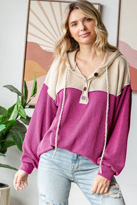 Elena Ribbed Button Front Hoodie – Colorblock Knit Pullover with Bishop Sleeves