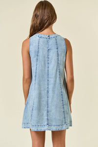 Elara Tencel Chambray A-Line Mini Dress: Light Wash – Women’s Sleeveless Round Neck Casual Dress