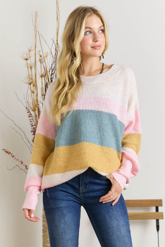 Lana Striped Sweater- Oatmeal/Teal/Pink