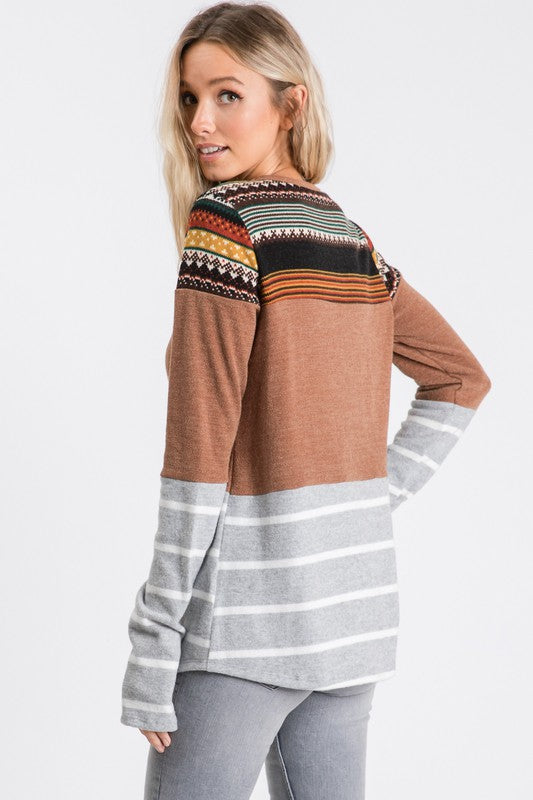 Morgan Mixed Print Sweater Top- Camel