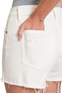 Key Largo Button Fly Raw Hem Denim Shorts- White