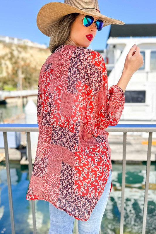 Rita Floral Print Kimono- Red