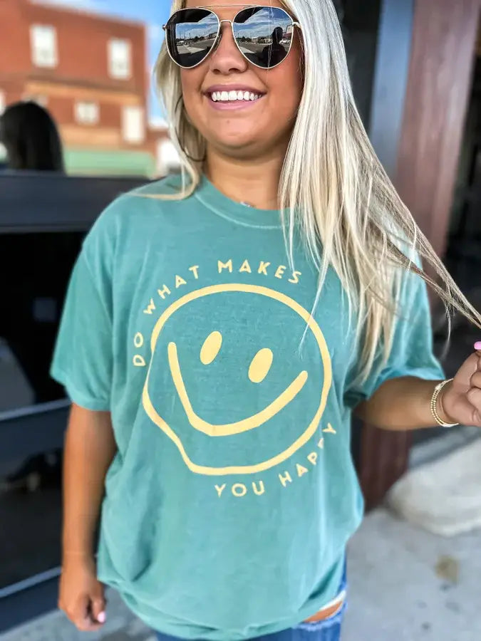 Do What Makes You Happy Smiley Puff Graphic Tee Vintage Light Green